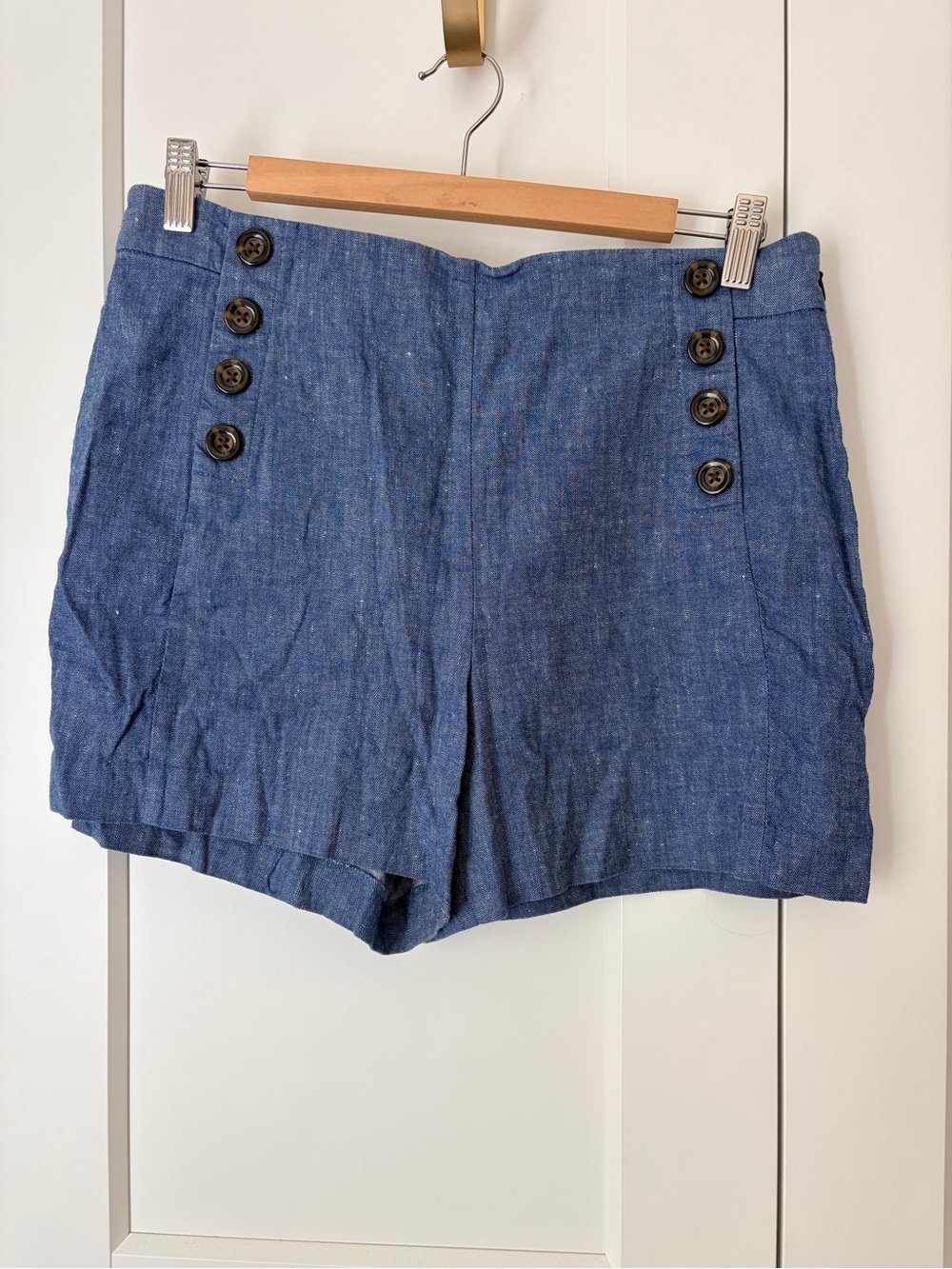 Ann Taylor Navy Blue High Waist Linen-Blend Shorts with Button Detail | 8